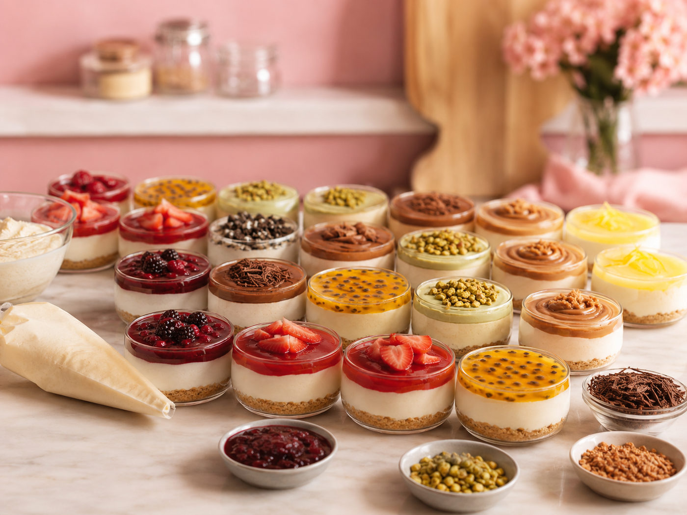 Tanda de mini cheesecakes en vasito lista para entregar, con manga pastelera y coberturas al costado