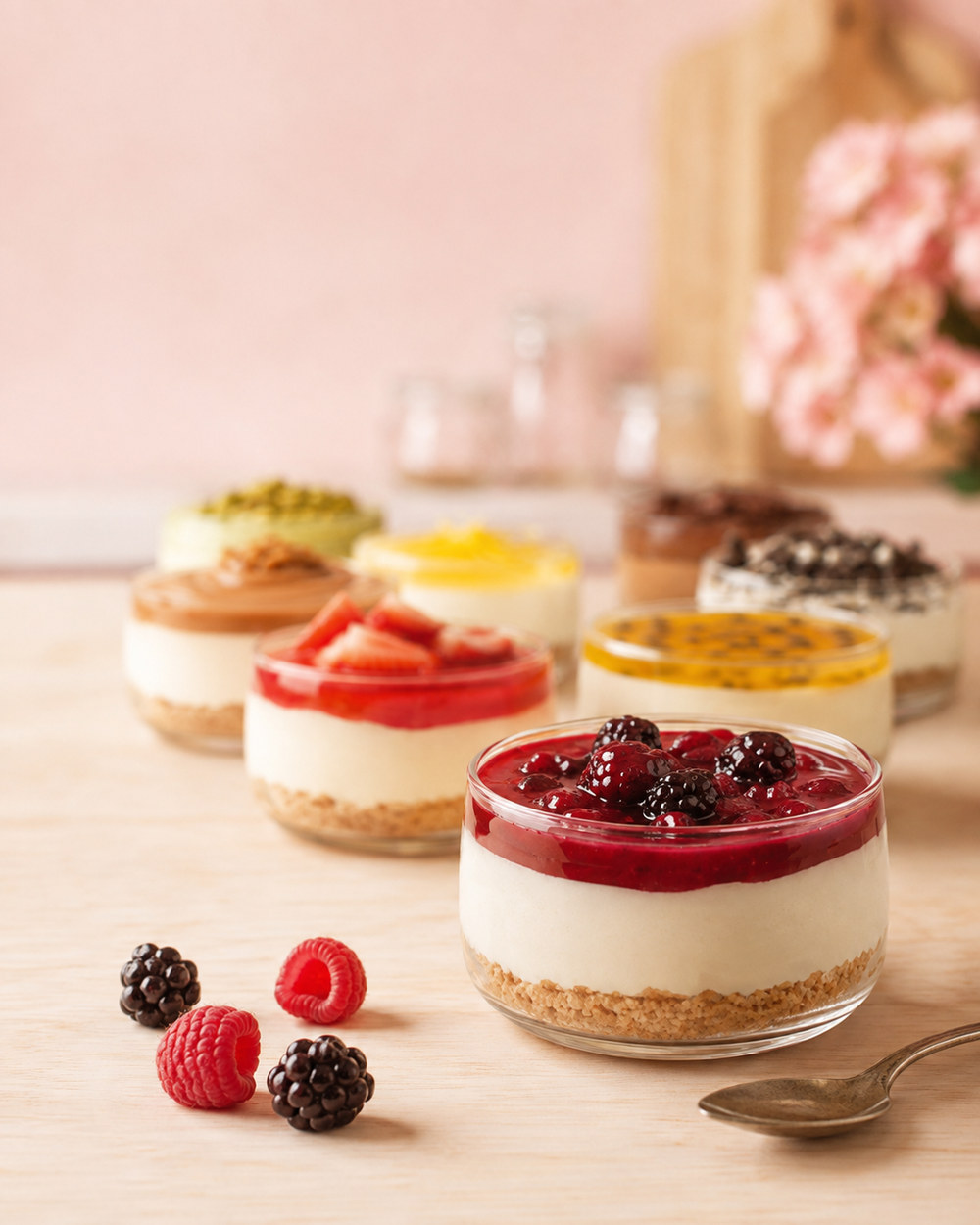 Mini cheesecakes en vasito decorados con frutos rojos y salsa de fresa