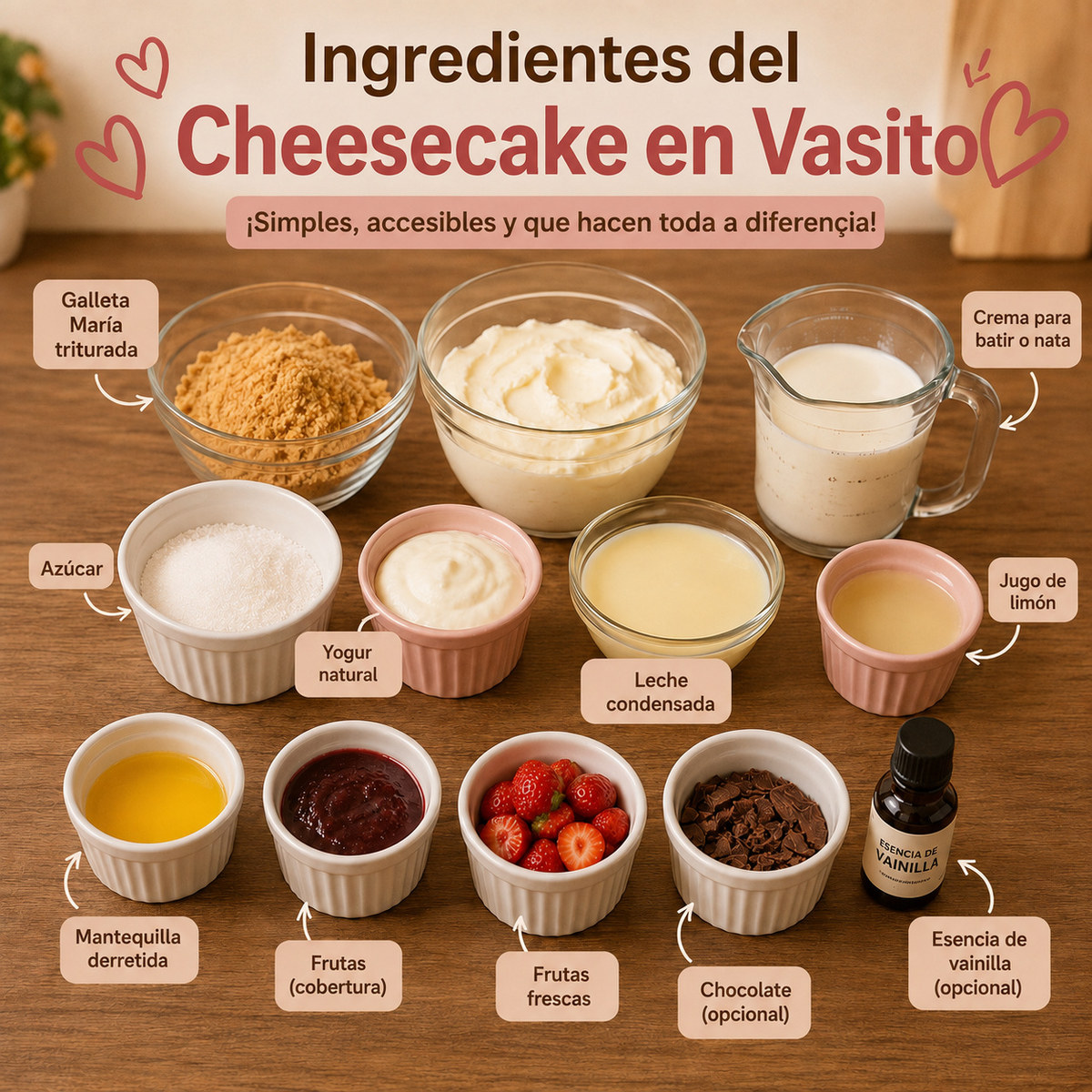Póster con los ingredientes del cheesecake en vasito: galleta María triturada, queso crema, nata, azúcar, yogur natural, leche condensada, jugo de limón, mantequilla derretida, frutas, chocolate y esencia de vainilla