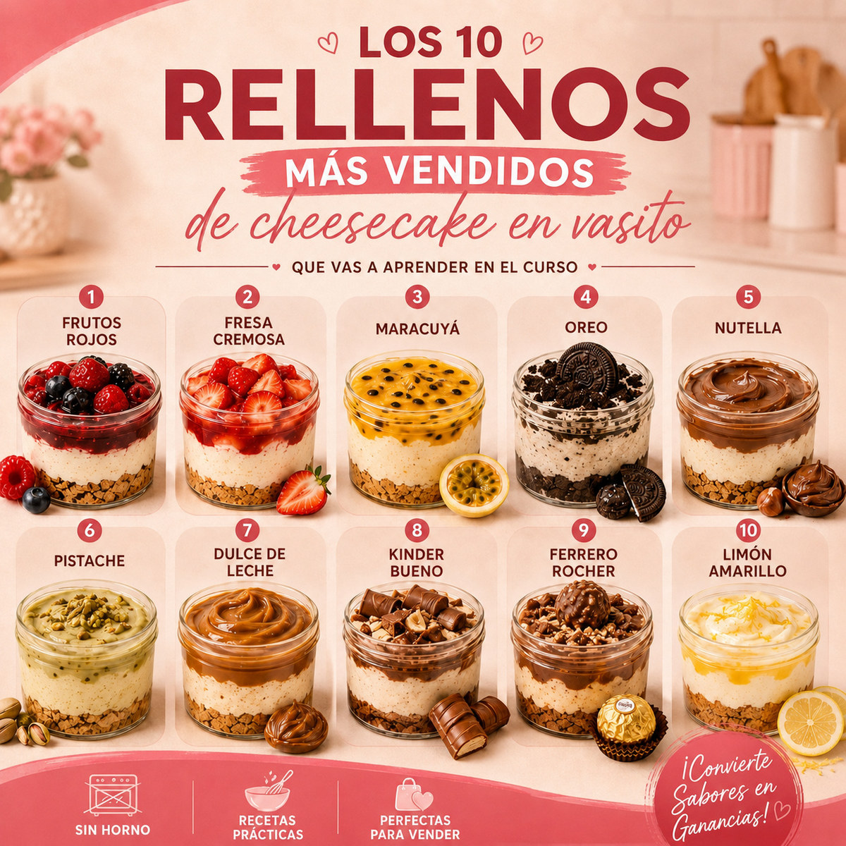 Póster con los diez rellenos más vendidos en vasito: frutos rojos, fresa cremosa, maracuyá, Oreo, Nutella, pistache, dulce de leche, Kinder Bueno, Ferrero Rocher y limón amarillo